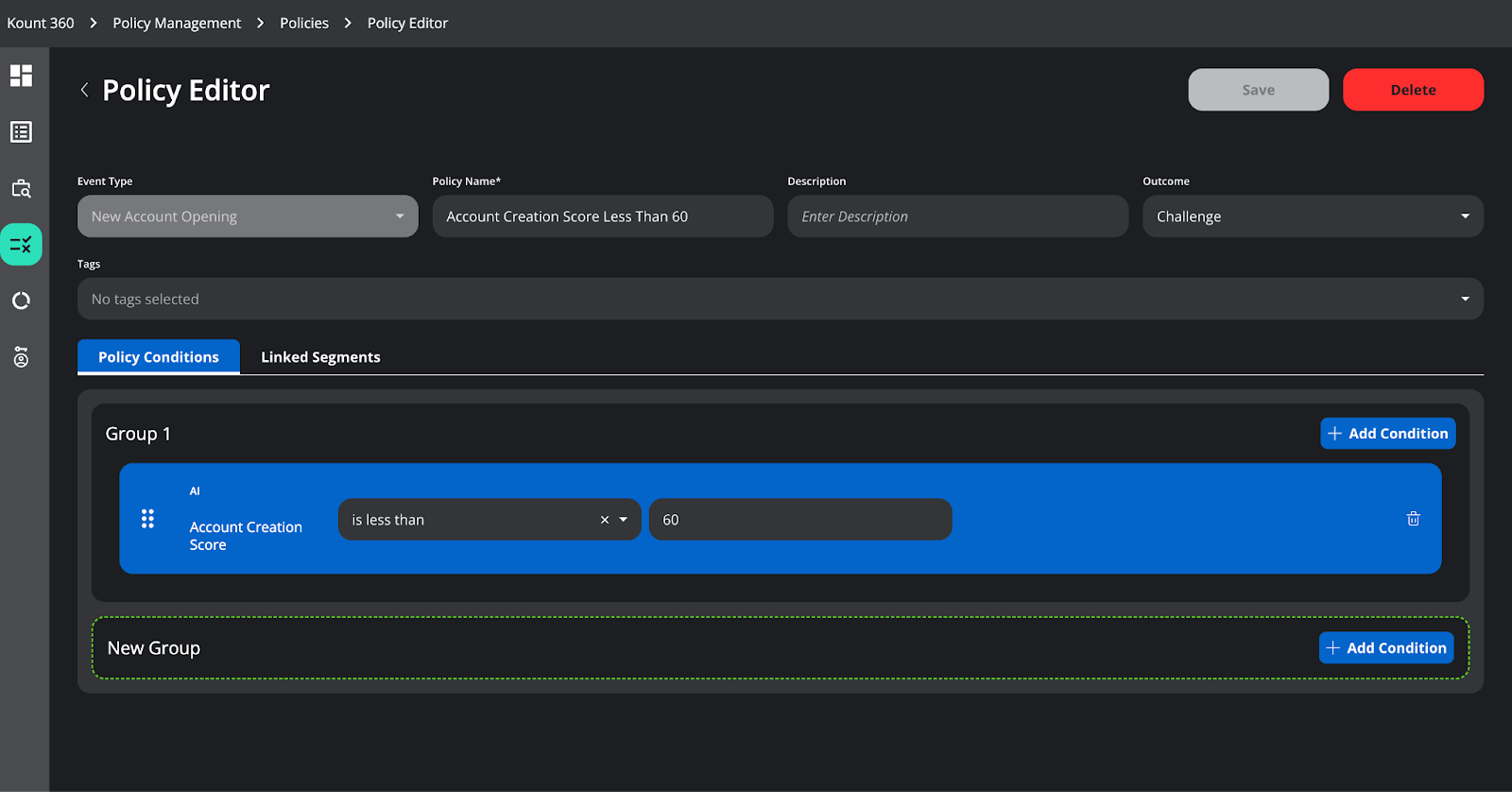 A screenshot of the Policy Editor with an Account Creation Score policy created in Group 1.