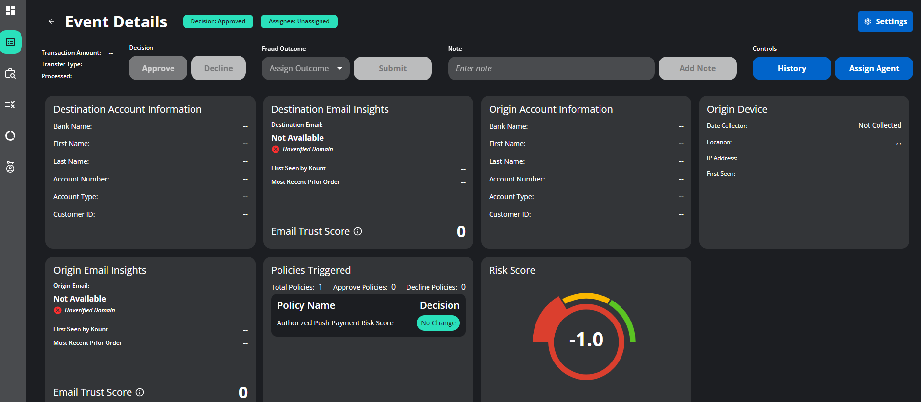 A screenshot that shows the Kount 360 Event Details pane.