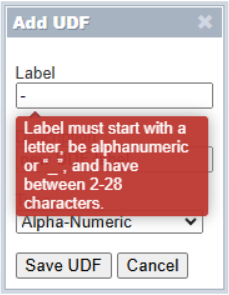 Screenshot that shows the Add UDF window with the Label error message displayed.