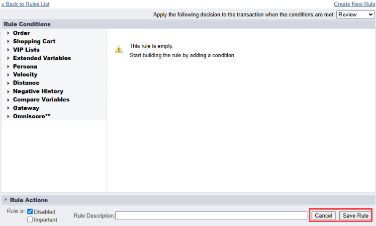 Screenshot that shows the Rule Editor after the update, with the Cancel and Save Rule buttons highlighted.