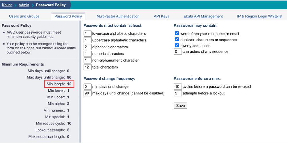 The Command Password Policy tab showing the Minimum Requirements. The minimum length shows 12 and is highlighted by a red rectangle.