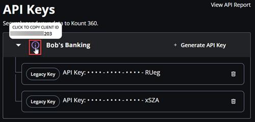 Screenshot that shows the API Keys page with the mouse cursor hovering over the information icon.
