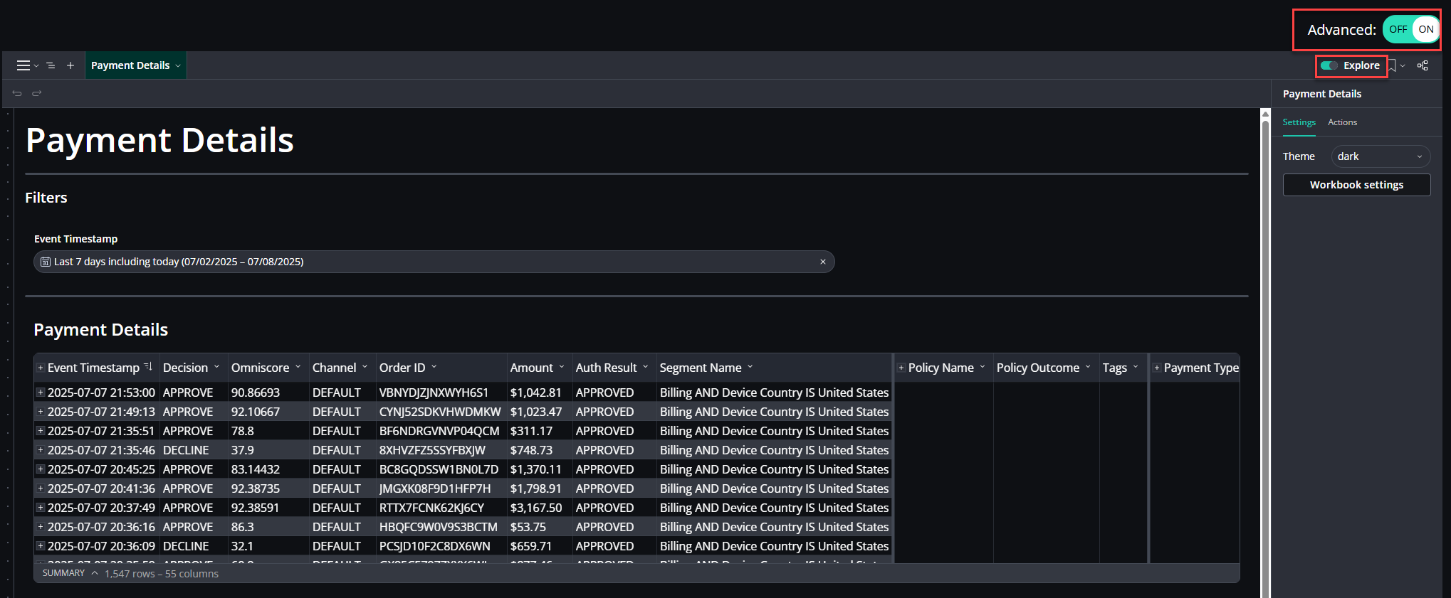 A screenshot that shows a data source table with Advanced mode and Explore mode turned on.