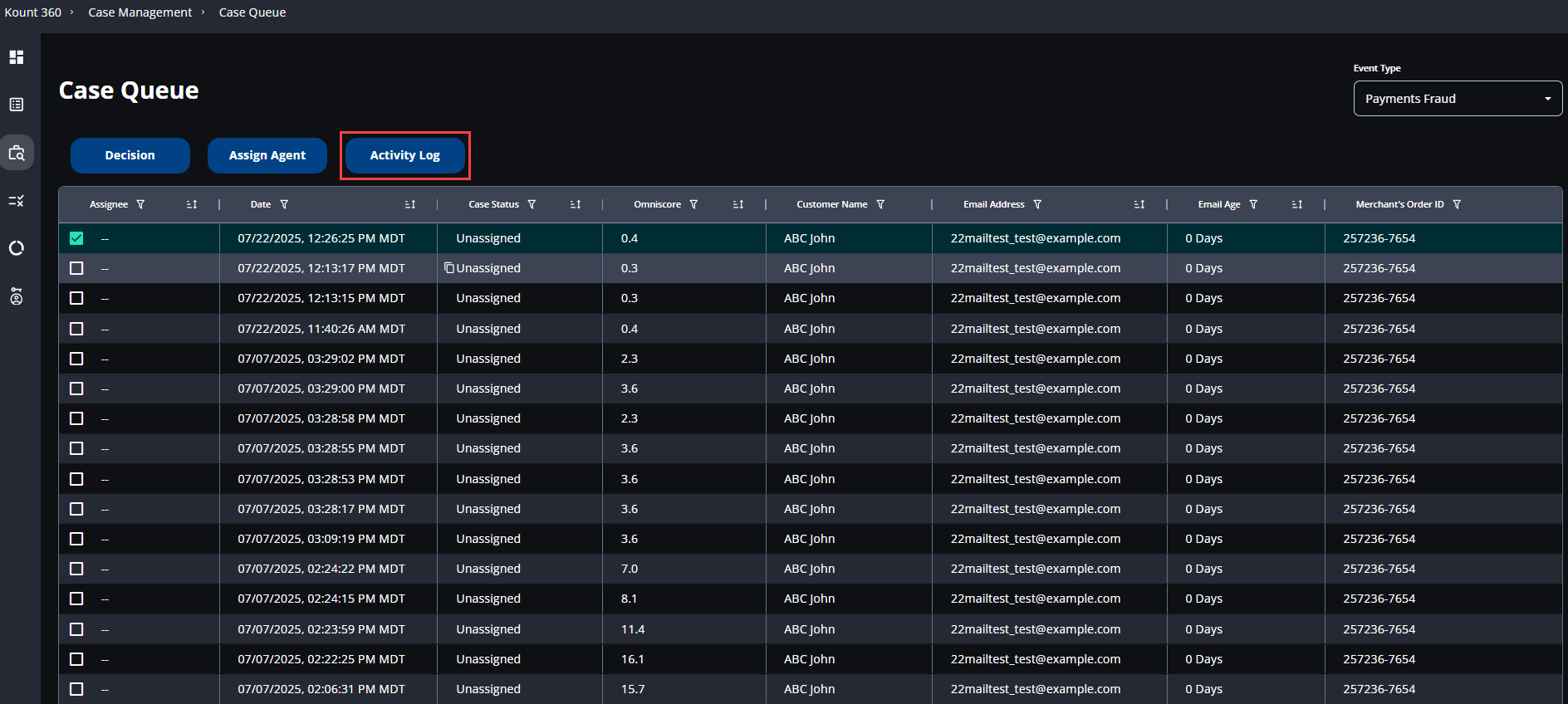 View the Activity Log for a Case – Kount