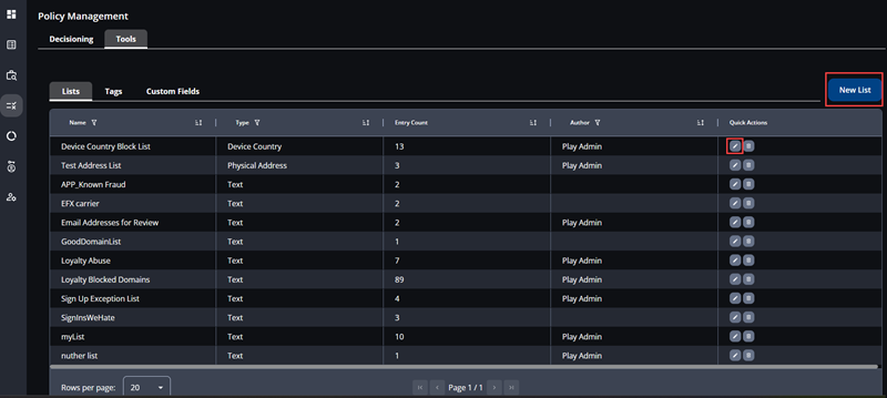 A screenshot that shows the active lists in Kount 360.