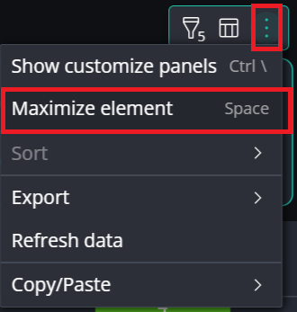 Screen capture that shows the Options menu opened and the Maximize element menu item highlighted.