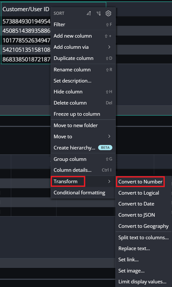 A screenshot that shows the Transform and Convert to Number menu items highlighted.