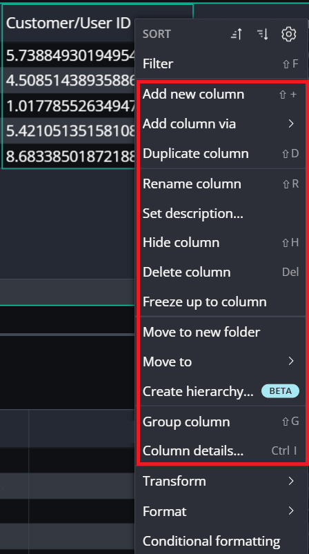 A screenshot that shows menu items for tables.