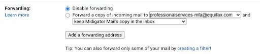 A screenshot of Gmail email fowarding settings.