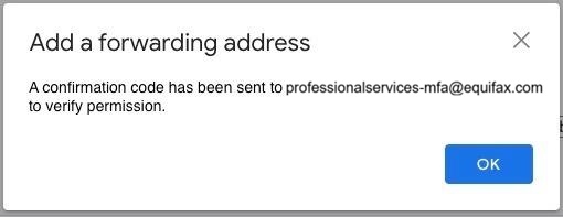 A screenshot of the Add a forwarding address confirmation message.