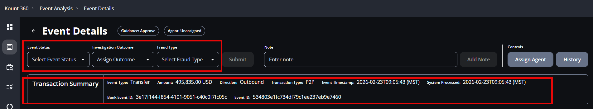 Screenshot that shows Event Details in Kount 360 with the Event Status, Investigation Outcome, Fraud Type, and Transaction Summary with red boxes around the fields.