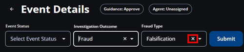 Screenshot that shows Event Details with the removal "X" in the Fraud Type field.