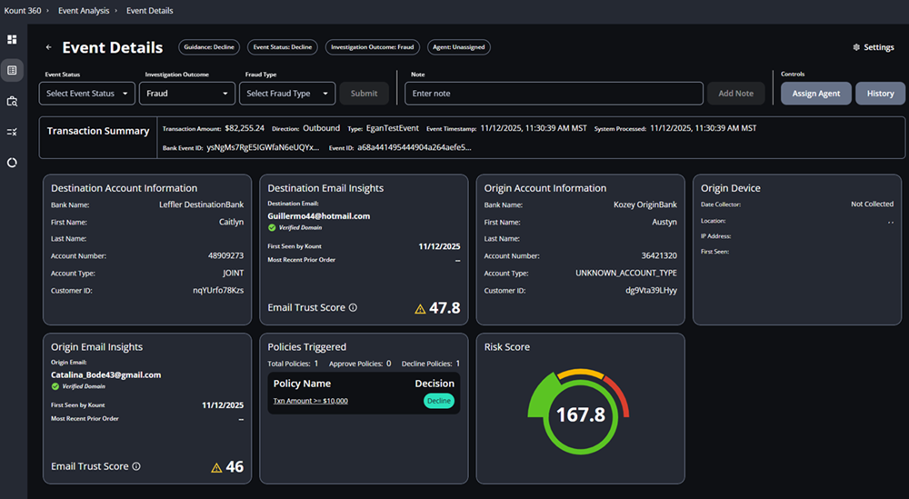 A screenshot that shows the Kount 360 Event Details pane.