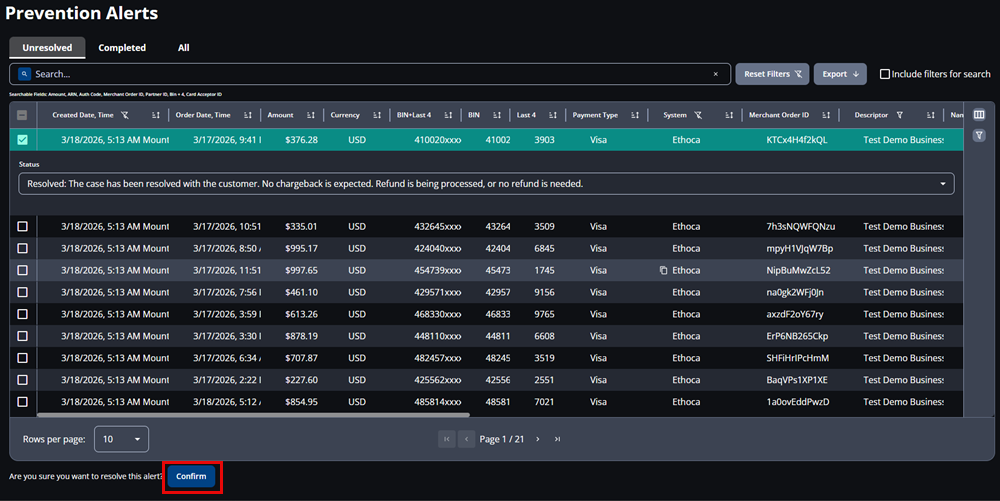 Screenshot that shows a selected alert with a red box around the Confirm button.