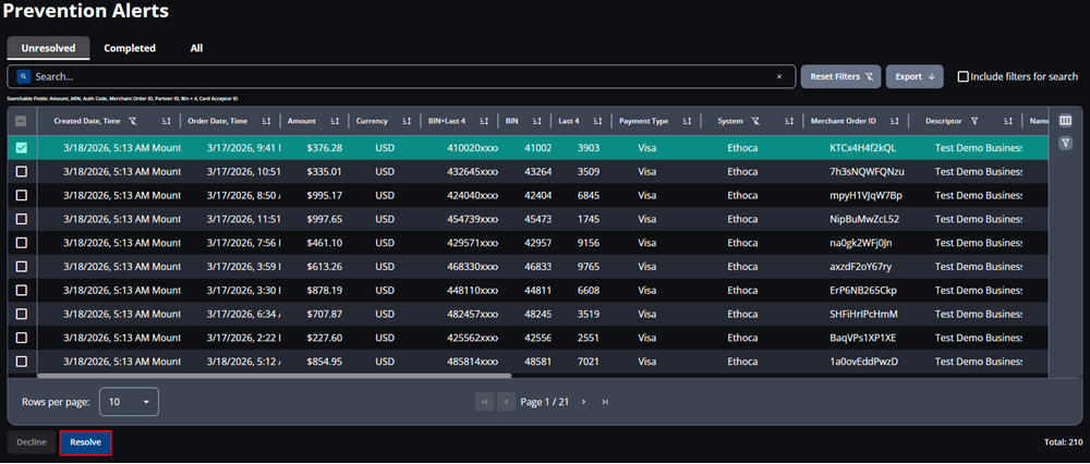 Screenshot that shows an Ethoca alert selected and a red box around the Resolve button.