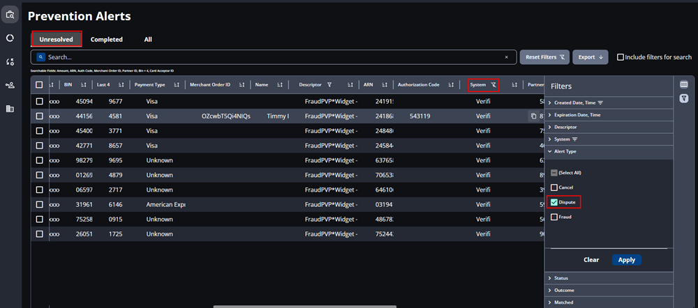 Screenshot that shows Prevention Alerts with the Unresolved tab selected and Filters window open.