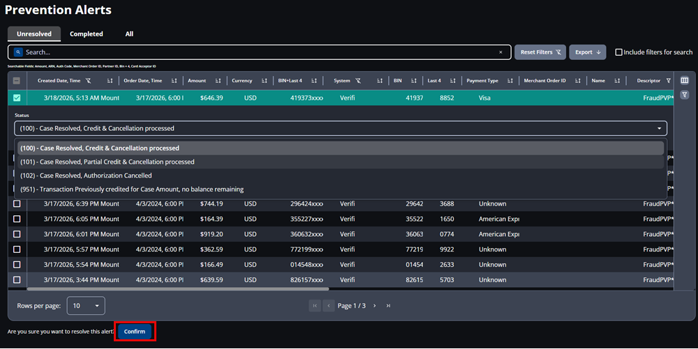 Screenshot that shows the alert status selection menu and the Confirm button with a red box.