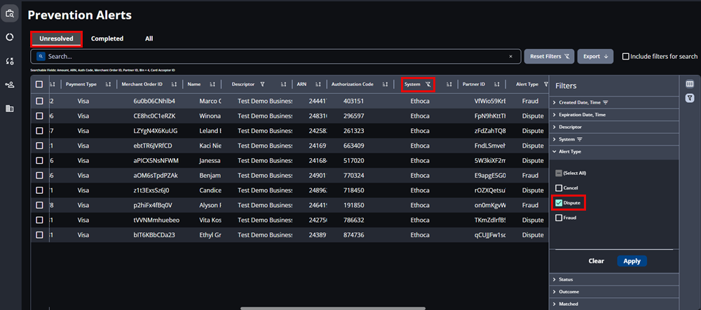 Screenshot that shows Prevention Alerts with the Unresolved tab selected and the Filters window open.