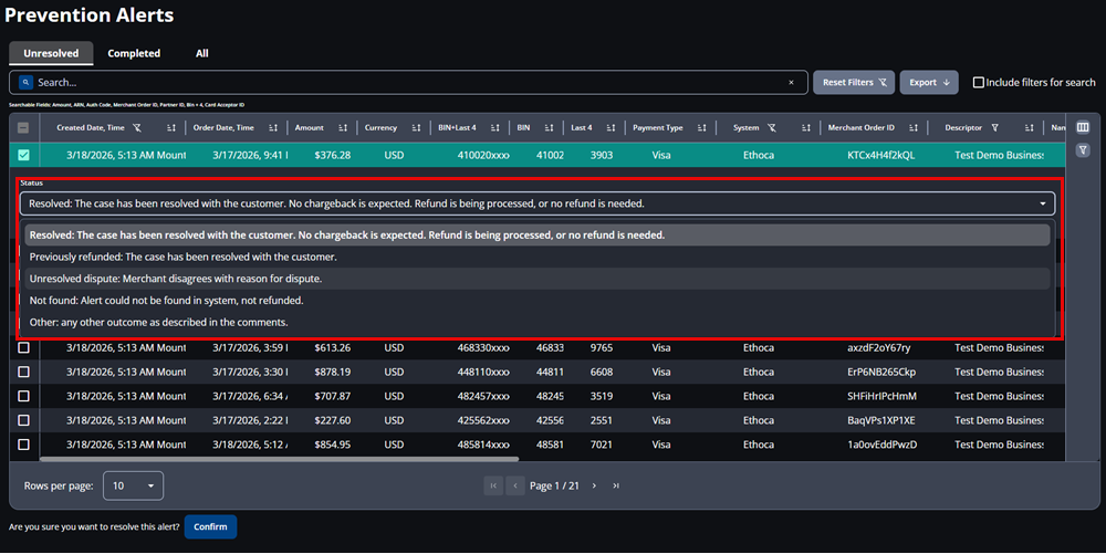 Screenshot that shows the alert status selection menu expanded.