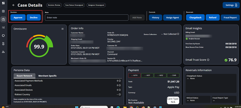 A screenshot that shows the Case Details page with the Decision buttons highlighted.