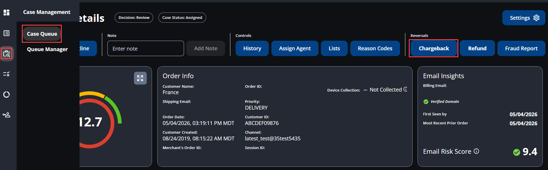 A screenshot that shows the Case Details page with the navigation menu open and case queue highlighted. The Chargeback button is also highlighted.