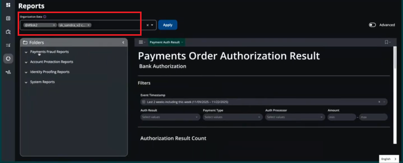 Screenshot that highlights the Organization Data drop-down.