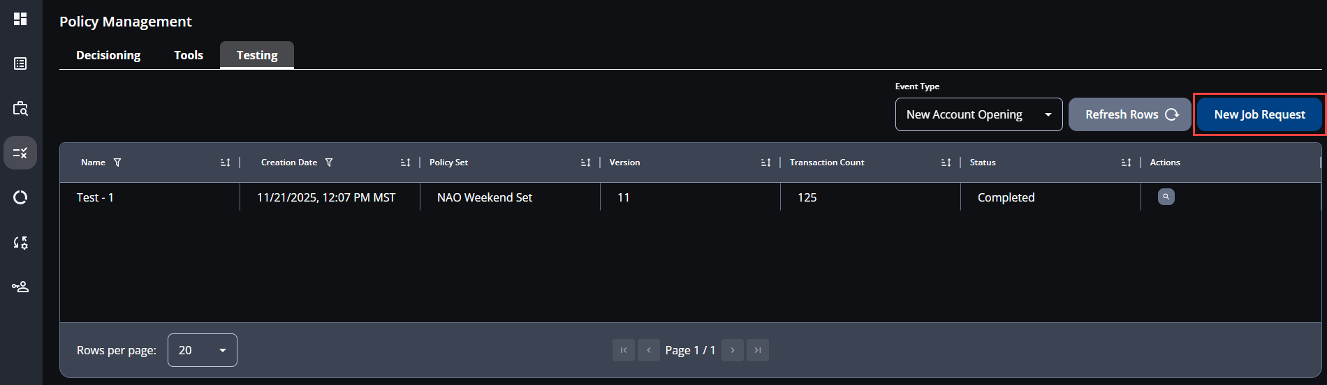 Screenshot of the Kount 360 Policy Management Testing screen with the New Job Request button circled in red.