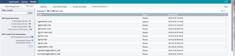 Screenshot that shows a VIP email list in the AWC.