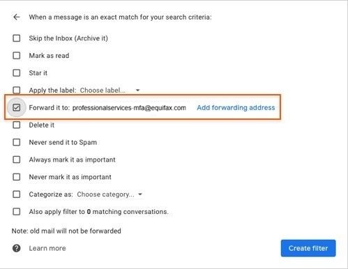 A screenshot that shows the Forward it to: option selected.