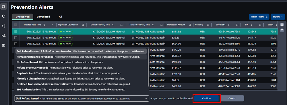 Screenshot that shows a selected alert with a red box around the Confirm button.