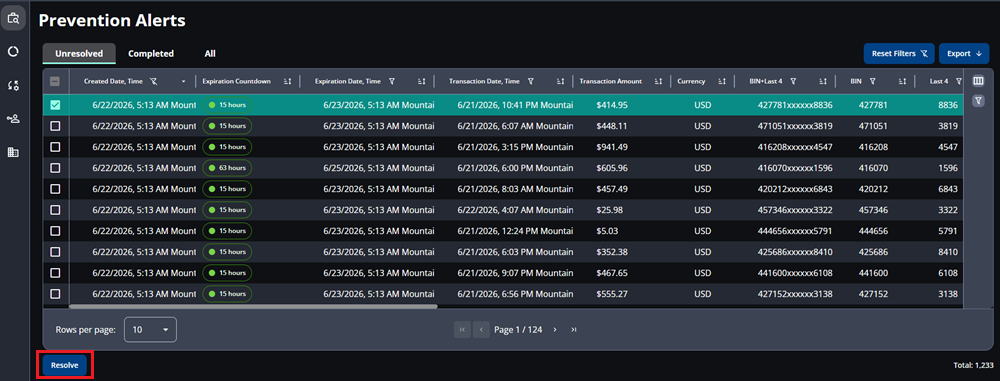 Screenshot that shows an Ethoca alert selected and a red box around the Resolve button.