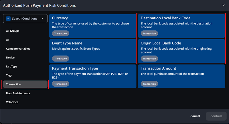 Screenshot that shows the Transactions policy conditions, with red boxes around the new Local Bank Code conditions and the Transactions menu selection.
