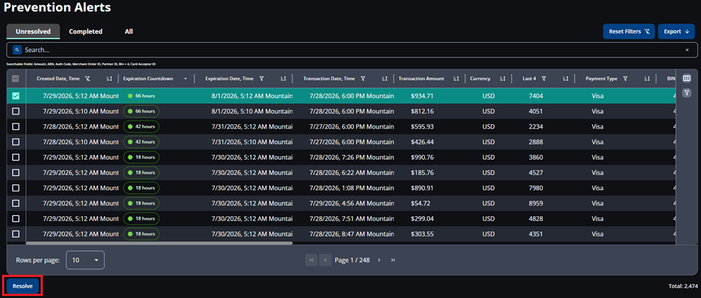 Screenshot that shows an Ethoca alert selected and a red box around the Resolve button.