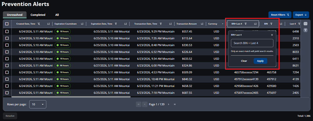 Screenshot that shows the selection of the BIN +last 4 column with a search box displaying.