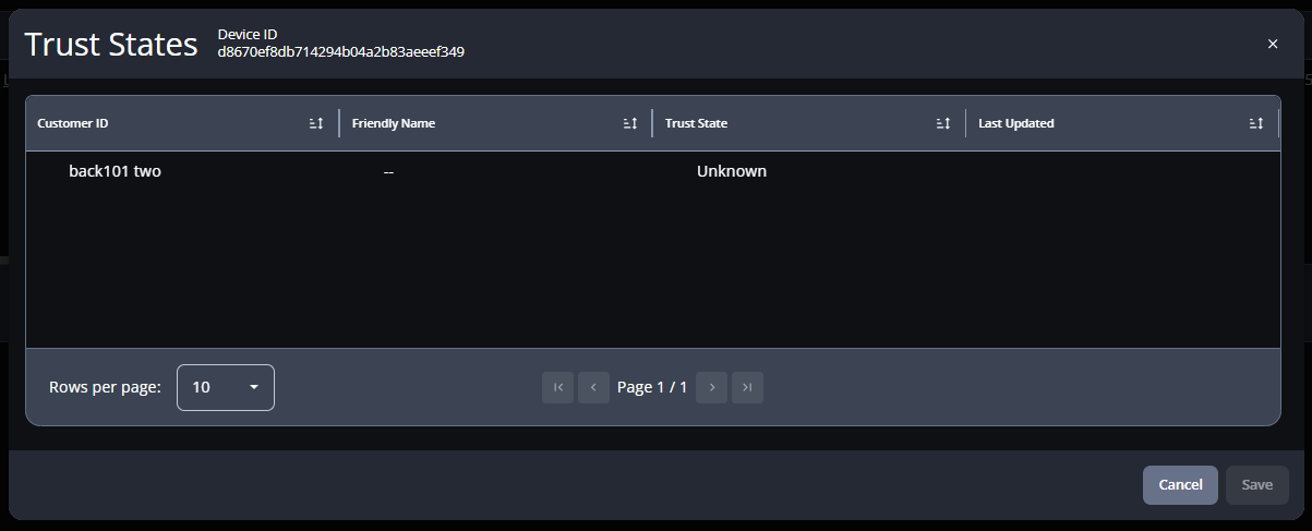 Screenshot of the Trust States module. A table displays a user ID with a trust state of Unknown.